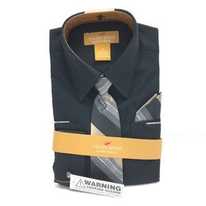 Young Kings by Steve Harvey Boys Black Dress Shirt Black Gray Tie Hanky Size 4